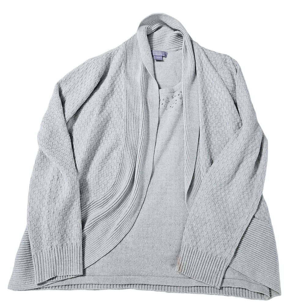 Laura Scott Womens Layered Sweater Silver Size PM Acrylic Blend Long Sleeve Open